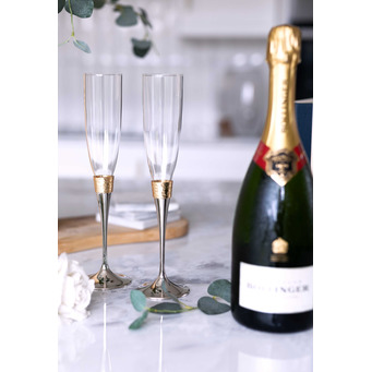 Pair of Champagne Flutes with Gold Decoration and Silverplated Stems