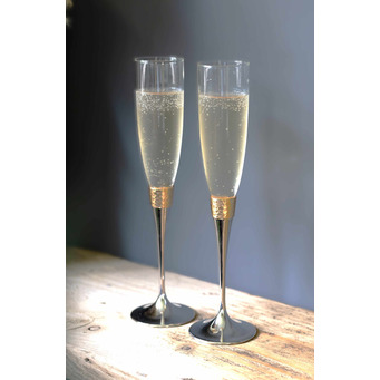 Pair of Champagne Flutes with Gold Decoration and Silverplated Stems