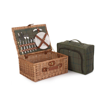 Two Person Highland Green Tweed Picnic Hamper