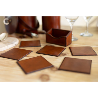 Cognac Leather Set of 6 Square Coasters