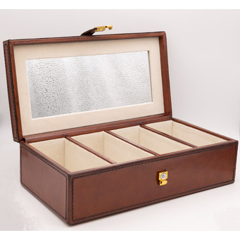 Cognac Leather Four Section Jewellery Box 25.5 x 13 x 8cm