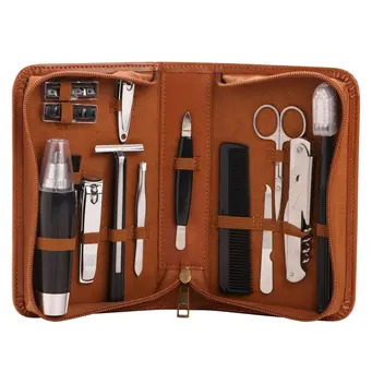 Gentleman's 12 pce Grooming Kit in Brown Faux Leather Case