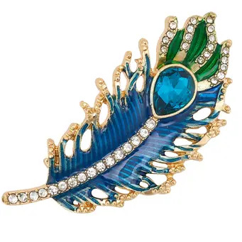 Gold Crystal Peacock Feather Brooch