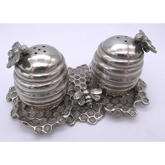 Bee Hive Salt and Pepper Shakers on Tray