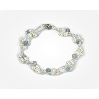 Aquamarine and White Freshwater Four Pearl Group Necklace