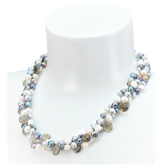 Faceted Smokey Qaurtz and Twisted Mixed Freshwater Pearl Necklace 