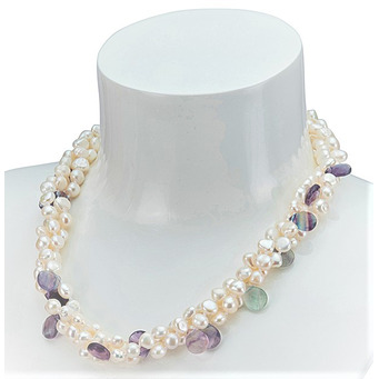 Faceted Fluorite and Twisted White Freshwater Pearl Necklace 