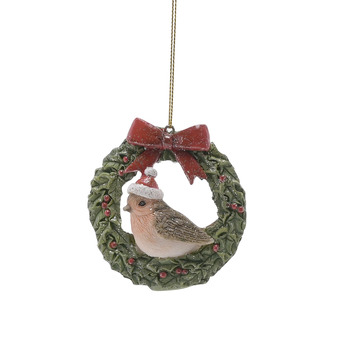 Robin on Christmas Wreath Hanging Decoration
