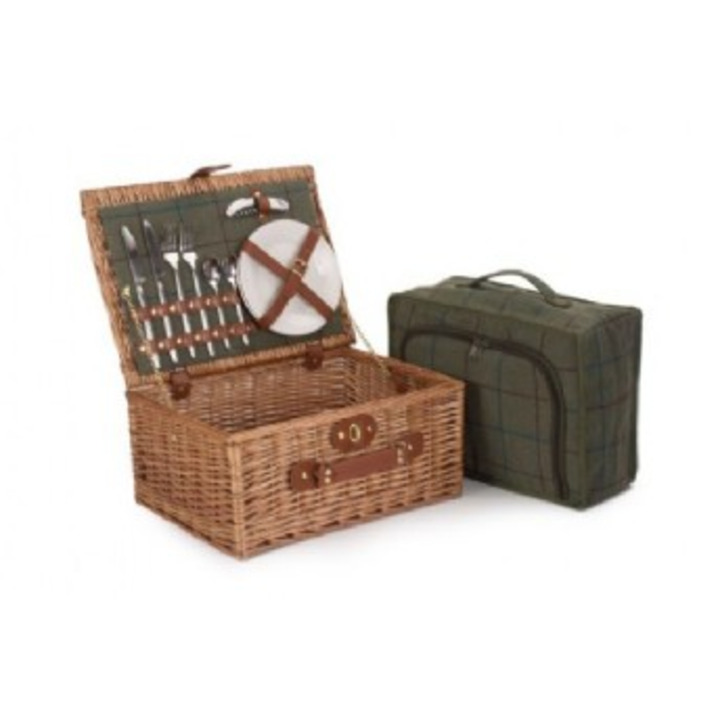 Two Person Highland Green Tweed Picnic Hamper