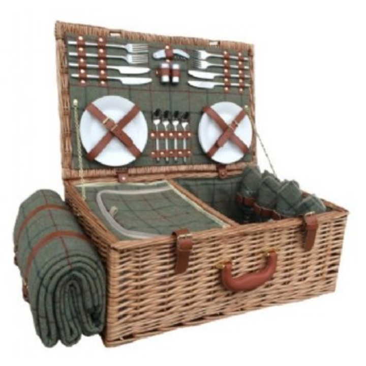 Four Person Highland Green Tweed Picnic Hamper