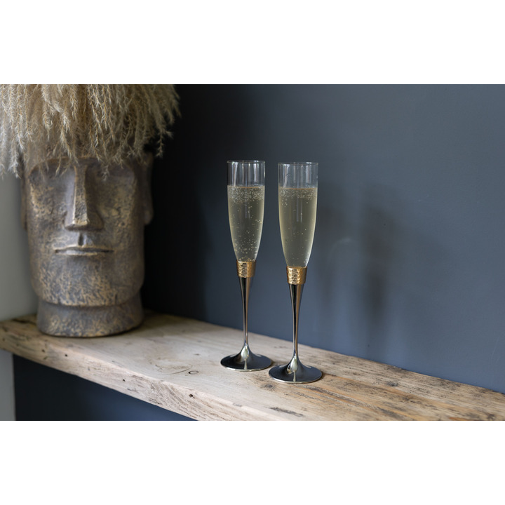 Pair of Champagne Flutes with Gold Decoration and Silverplated Stems