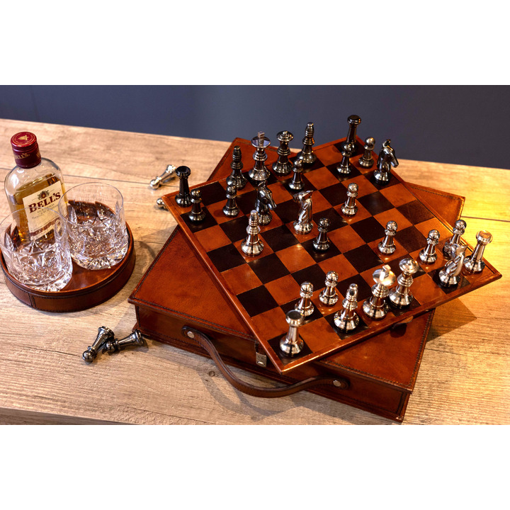 Cognac Leather Chess Set Cased