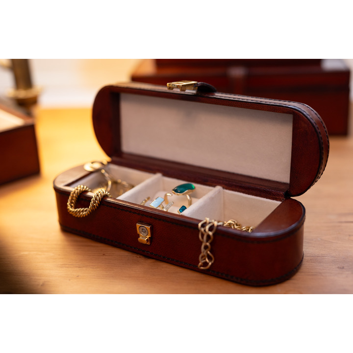 Cognac Leather Rounded Corner Jewellery Box
