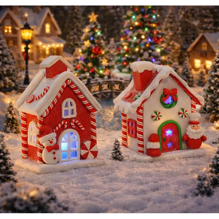 Pair of Christmas LED Candy Cane Cottages