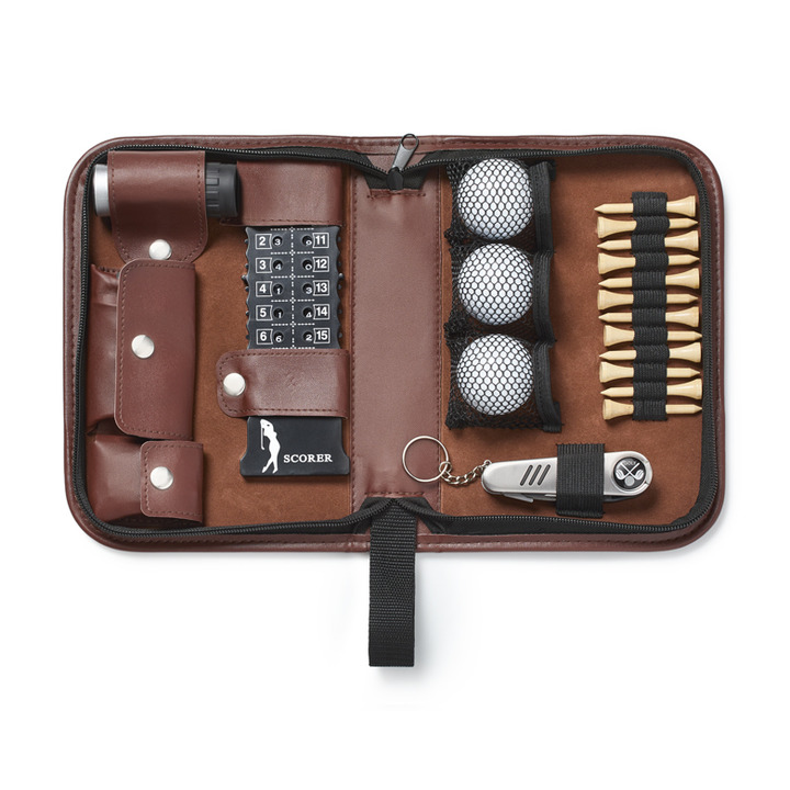 Golfers Luxury 20 pce Accessories Set in Brown Faux Leather Case