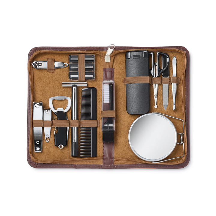 Gentleman's 13 pce Grooming Kit in Brown Faux Leather Case