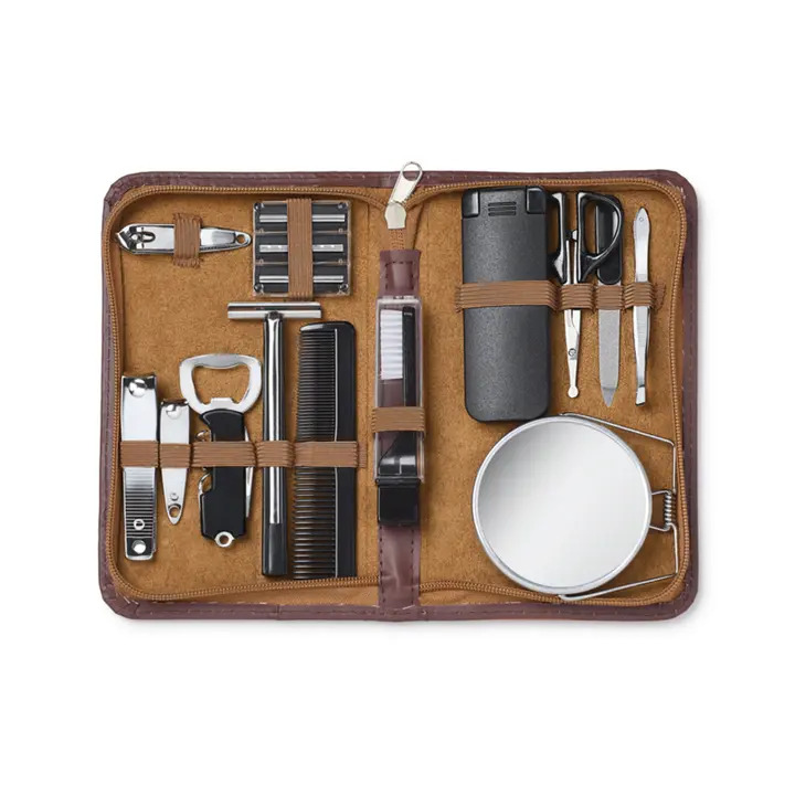 Gentleman's 12 pce Grooming Kit in Brown Faux Leather Case