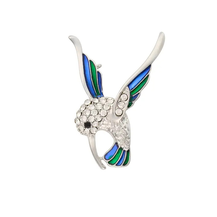 Hummingbird Blue and Green Crystal Brooch