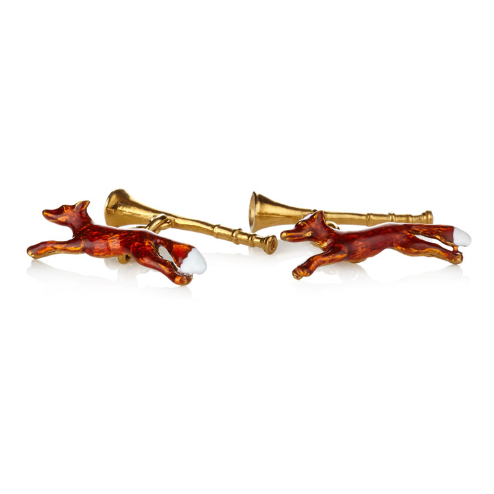 Hallmarked Silver and Enamelled Fox and Horn Cufflinks