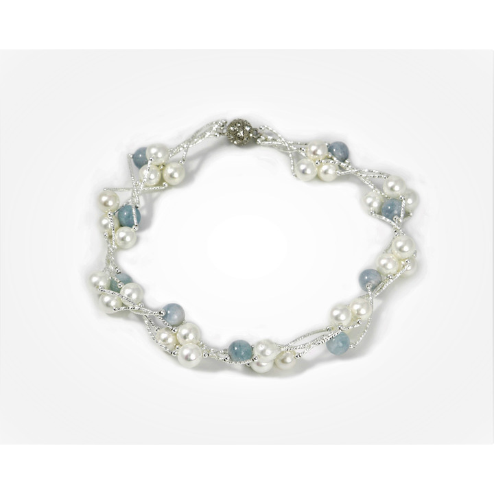 Aquamarine and White Freshwater Four Pearl Group Necklace