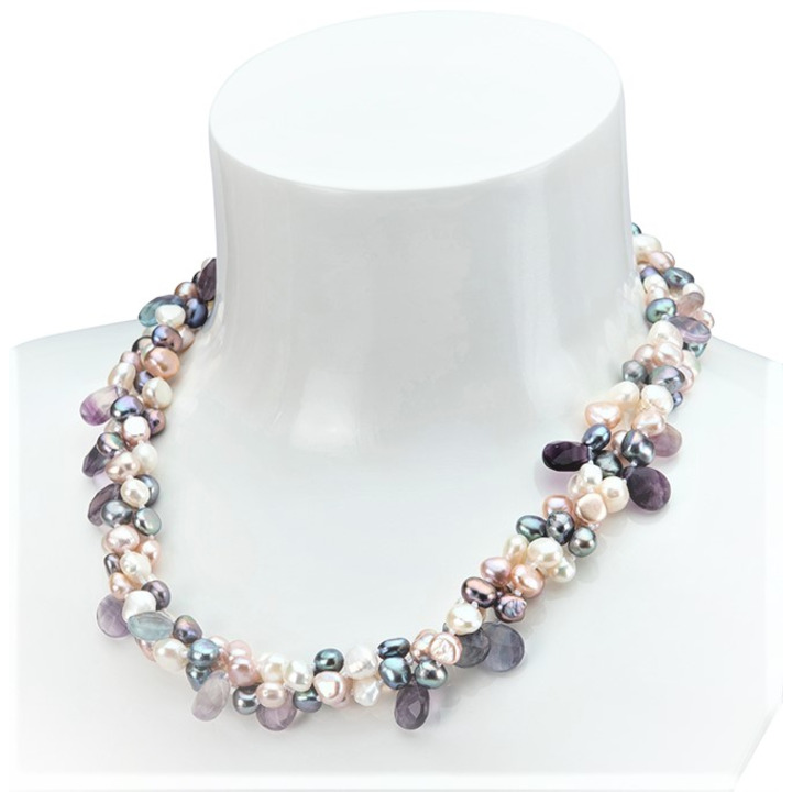 Faceted Fluorite and Twisted Mixed Freshwater Pearl Necklace 